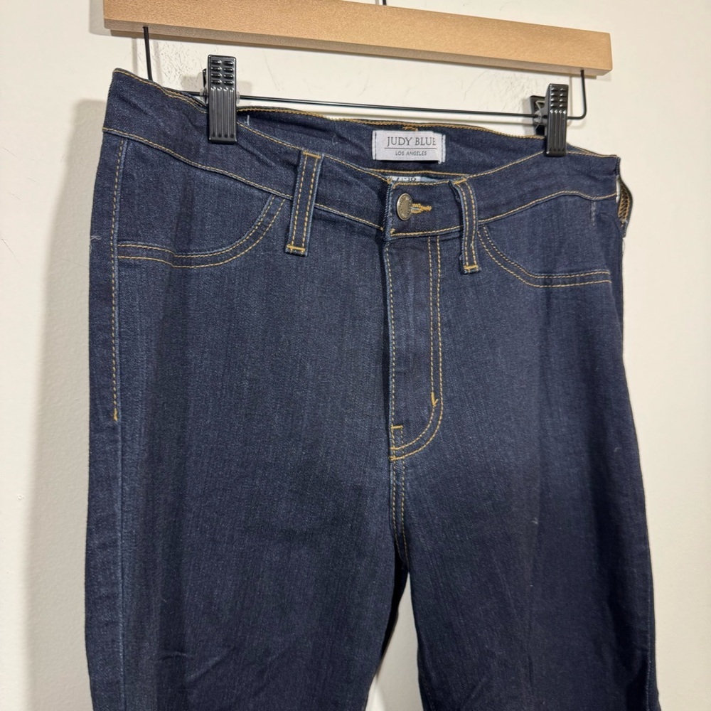 Judy Blue High Waist Super Flare Denim Blue Dark Jeans Raw Hem Women's Sz 7/ 28 - Picture 2 of 8